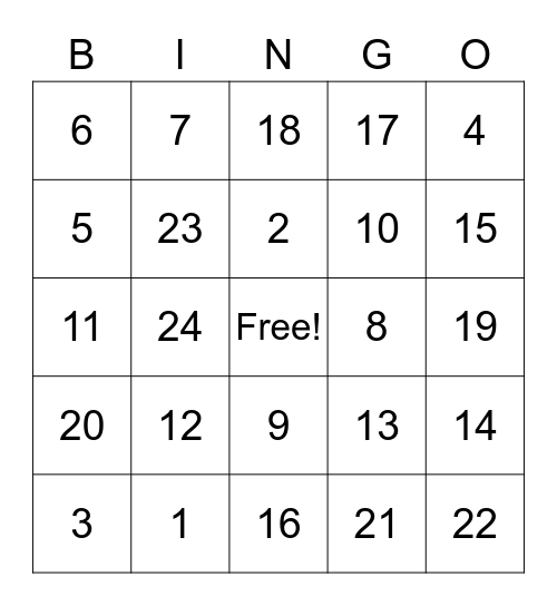 Number Bingo Card
