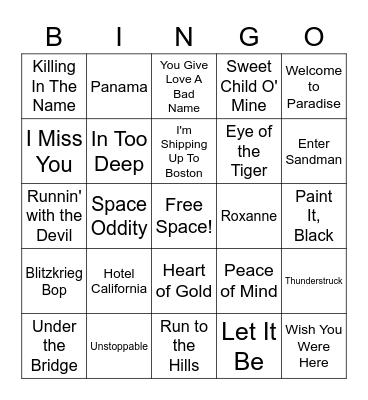 Classic Rock Music Bingo Card