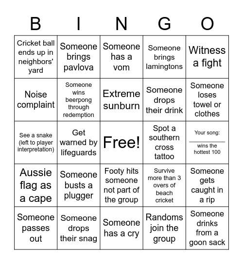 Australia Day Weekend Bingo Card