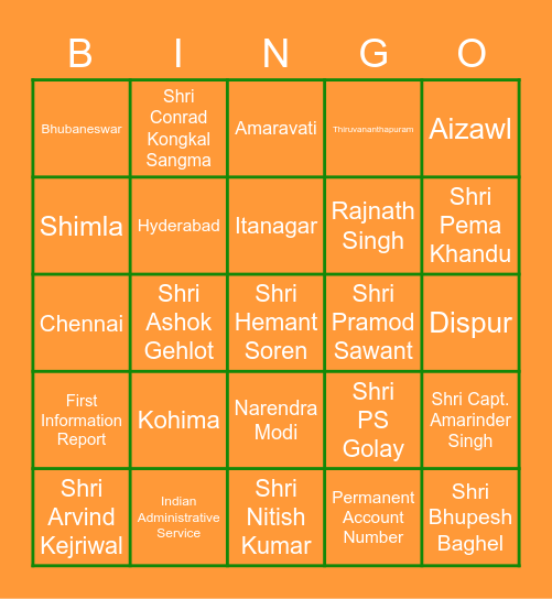 India Bingo Card