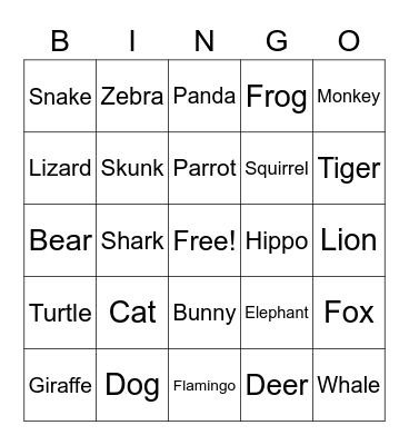 Animal Bingo! Bingo Card