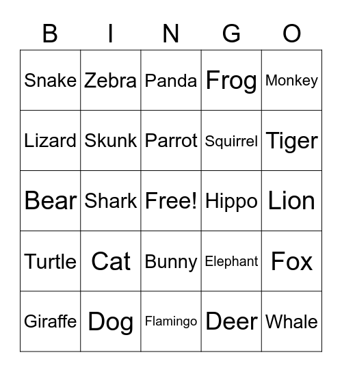Animal Bingo! Bingo Card
