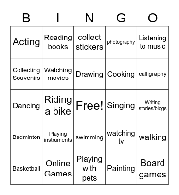 ACTIVITIES Bingo Card