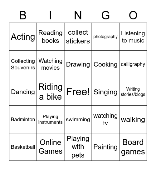 ACTIVITIES Bingo Card
