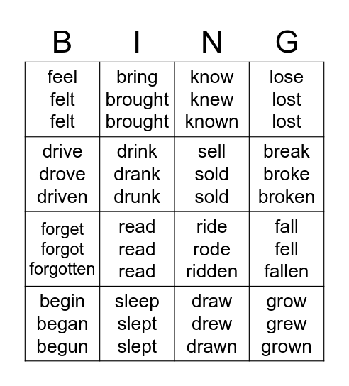 irregular verbs asia Bingo Card