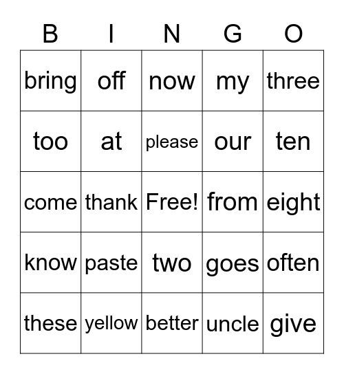 Sight Word Bingo Card