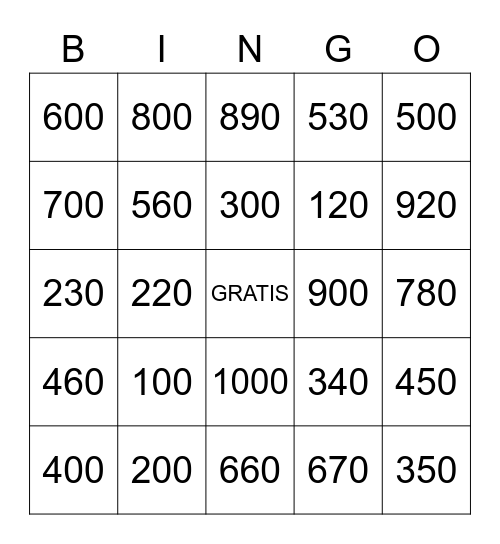 100-1000 Bingo Card