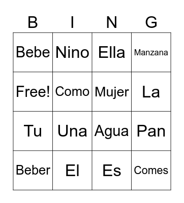 Spanish Intro Vocab Bingo Card