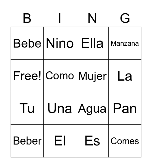 Spanish Intro Vocab Bingo Card