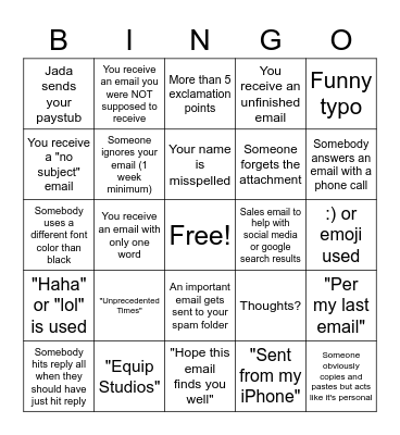 EQUIP EMAIL BINGO Card