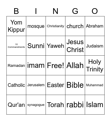 Religions Bingo Card