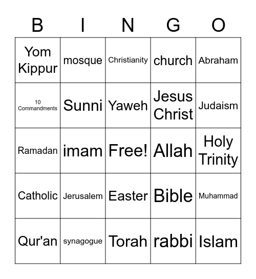 Religions Bingo Card