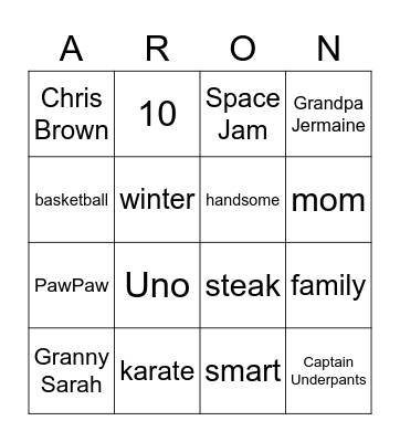 All About Aaron Bingo Card