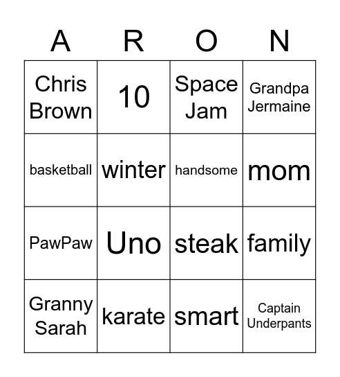 All About Aaron Bingo Card