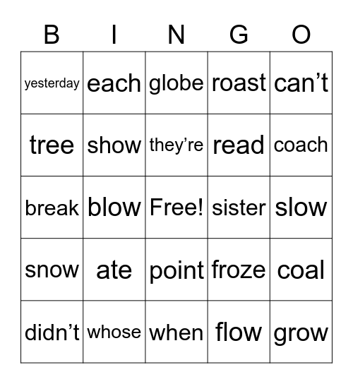 Spelling Word Bingo Card