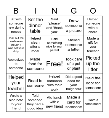 2E3 Class Kindness Bingo Card