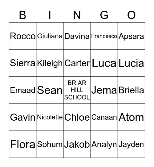 The BINGO Name Game Bingo Card