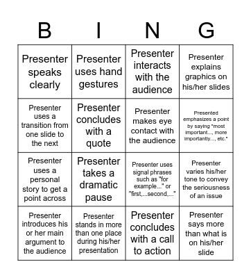 Presentation Skills Bingo Card