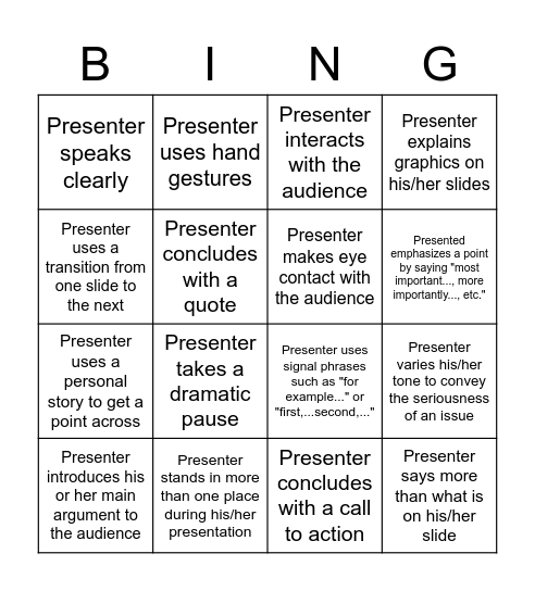 Presentation Skills Bingo Card