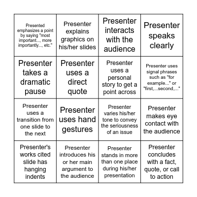 Presentation Skills Bingo Card