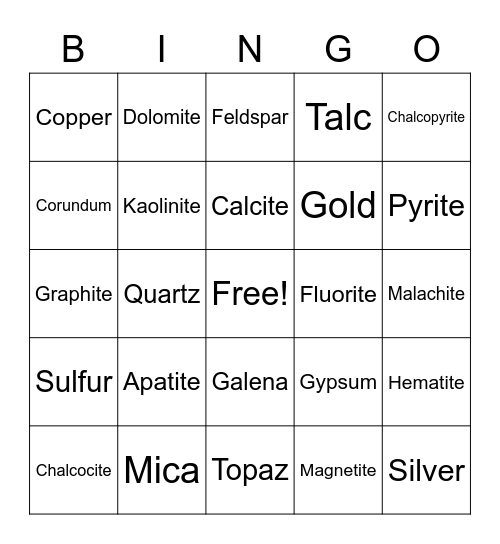 Mineral Bingo Card
