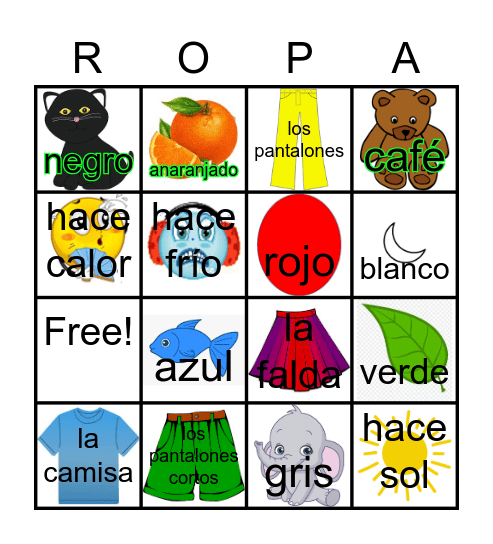 La ropa y los colores Bingo Card