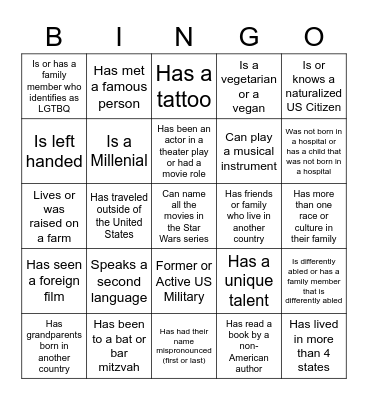 Diversity Bingo Card