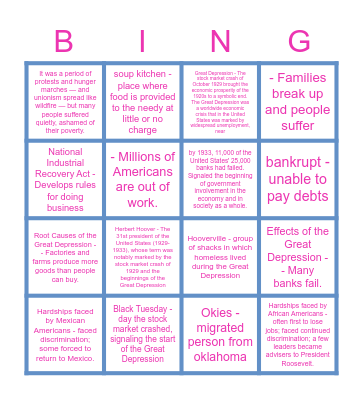 Great Depression Bingo Card