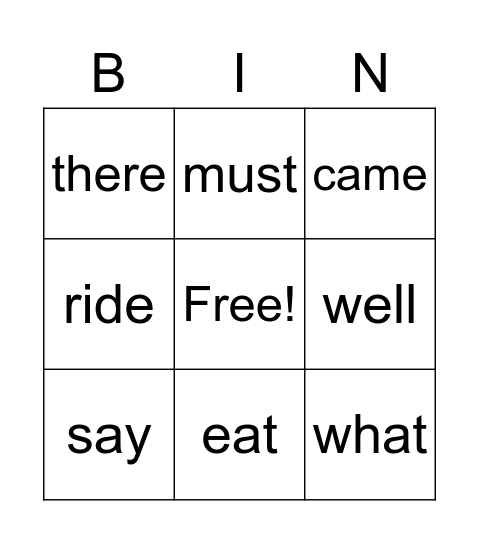 Sight Word BINGO Card