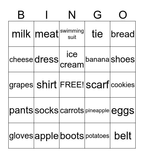 la comida / la vestimenta   food / clothing Bingo Card