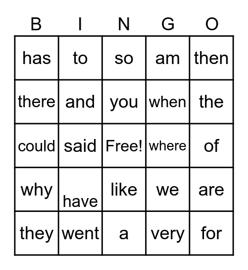Sight Word Bingo Card