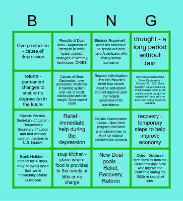 Great Depression Bingo Card
