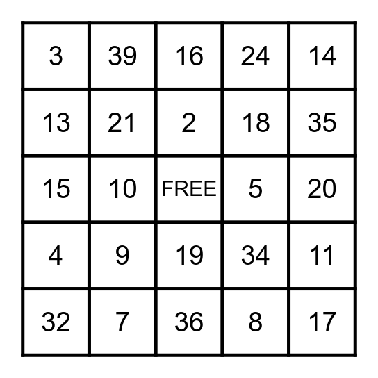 NUMBER BINGO Card