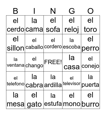 animals / household items Bingo Card