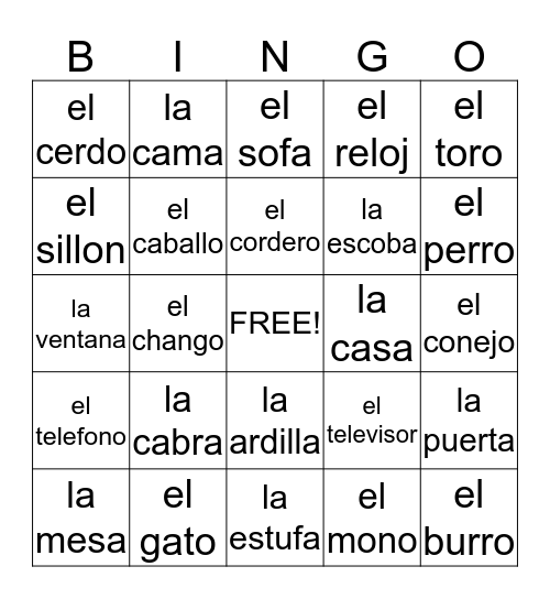 animals / household items Bingo Card