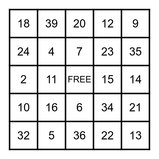 NUMBER BINGO Card