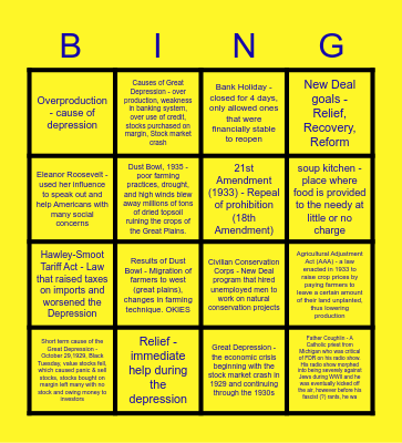 Great Depression Bingo Card