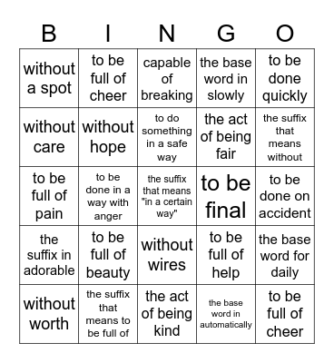 Suffixes Bingo Card