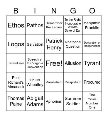 Founding Fathers Bingo Card