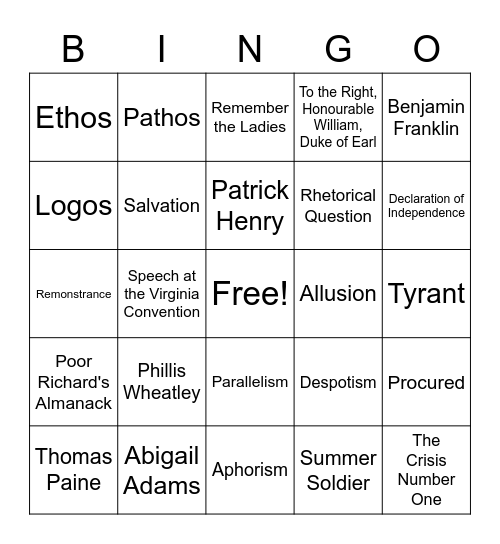 Founding Fathers Bingo Card