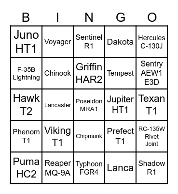 Aircraft Bingo Card