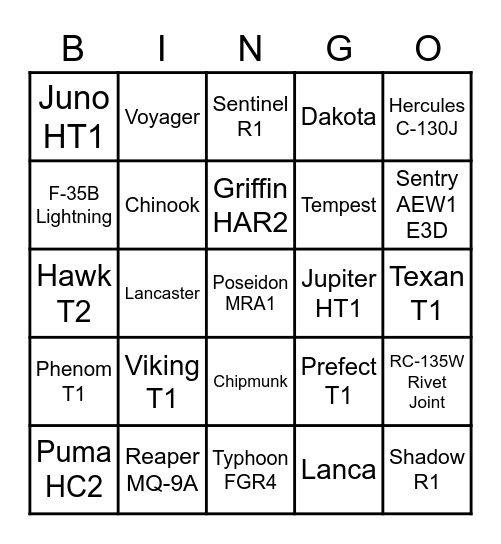 Aircraft Bingo Card