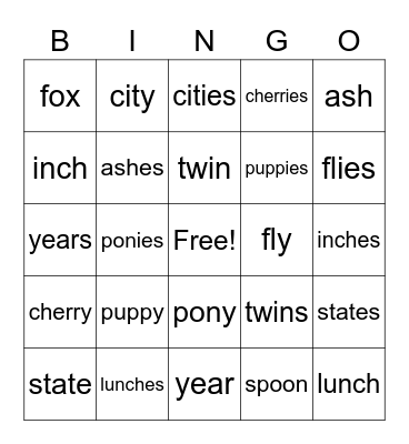 Speak Out Plurals Bingo Card