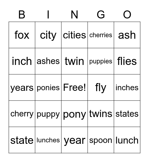 Speak Out Plurals Bingo Card