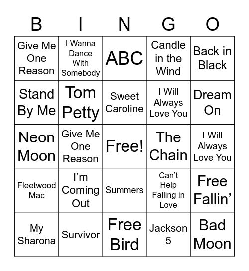 Name that Tune Bingo Card