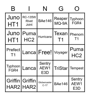 Aircraft Bingo Card