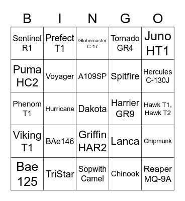 Aircraft Bingo Card