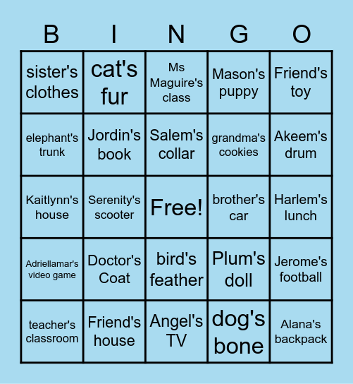 Possessive Nouns Bingo Card