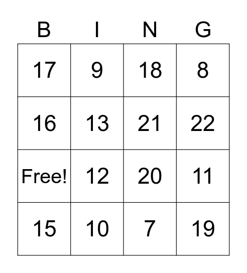 Number Bingo Card