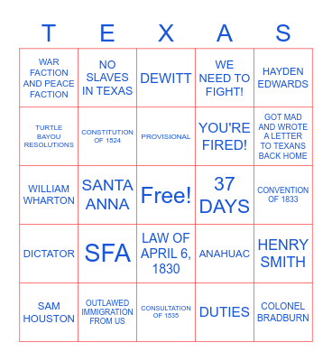 Road to Texas Revolution Bingo Card
